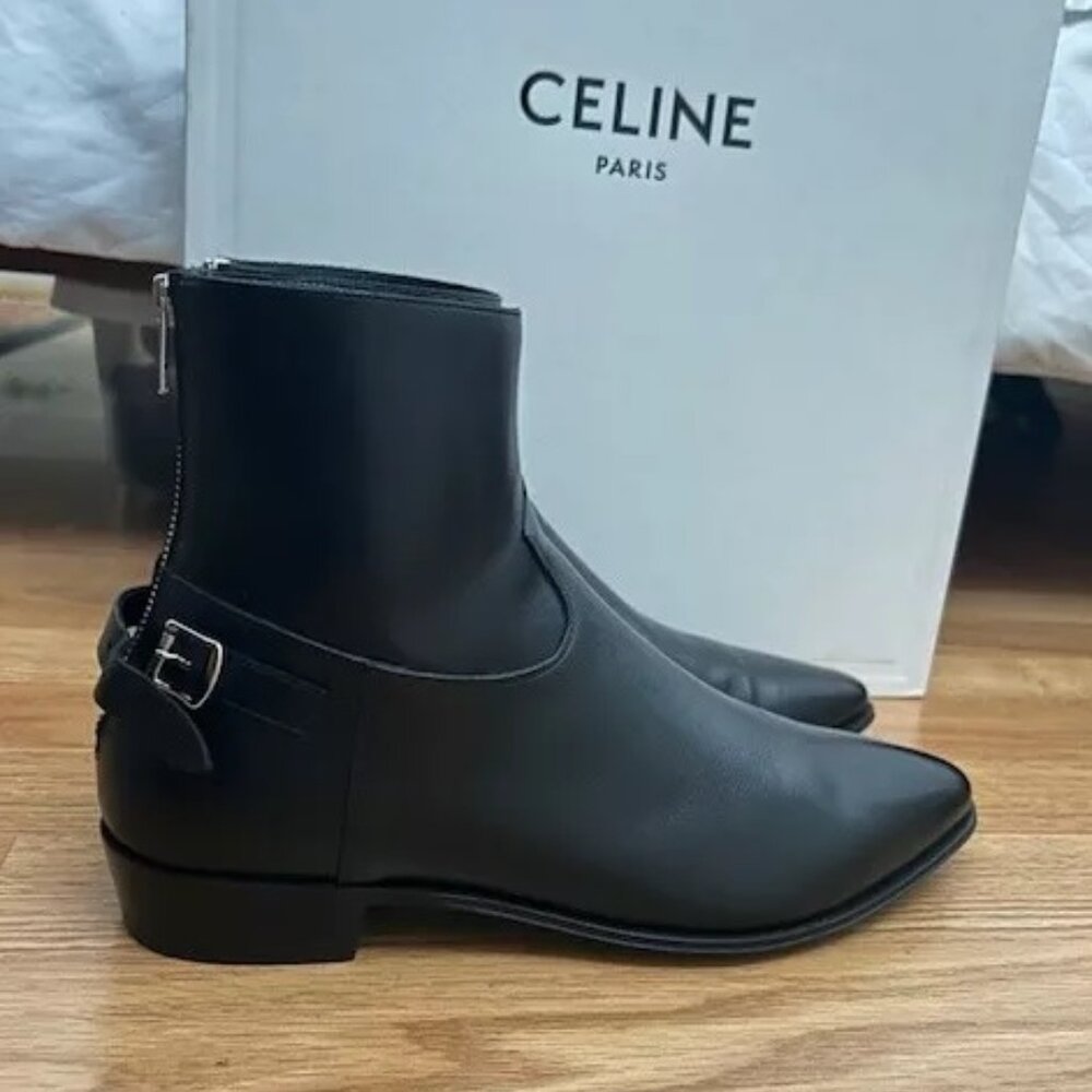 Celine Jacno Shiny Calfskin Back Buckle Zipped Black Boot Mens size 41